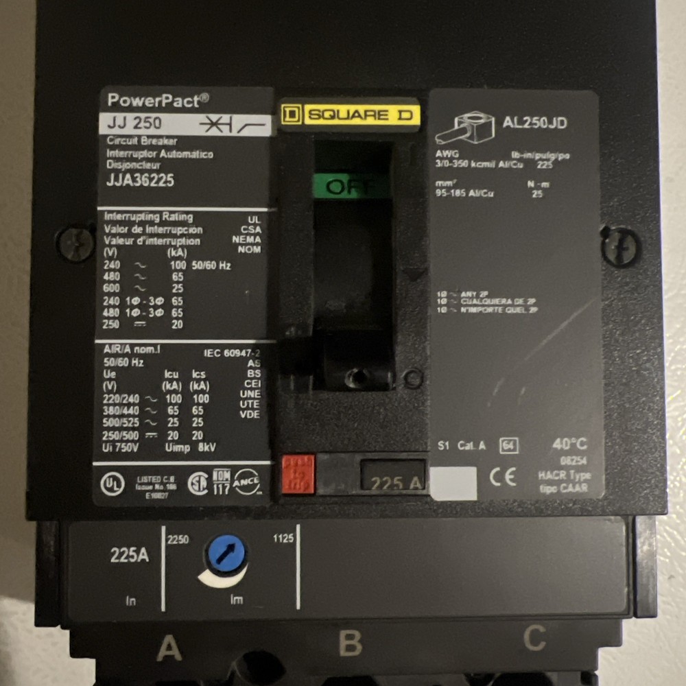Square D JJA36225 3 Pole 225 Amp 600 Volt I-Line PowerPacT-New /No box
