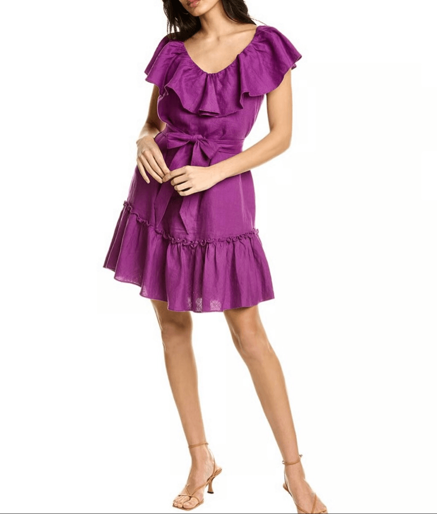 Trina Turk NWT 100% linen out of office purple ruffle neck dress small