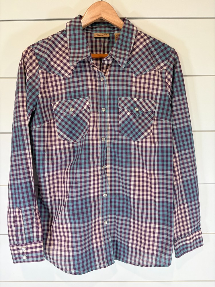 Wrangler Shirt Womens M Purple Blue Gingham Plaid Western Pearl Snap Long Sleeve