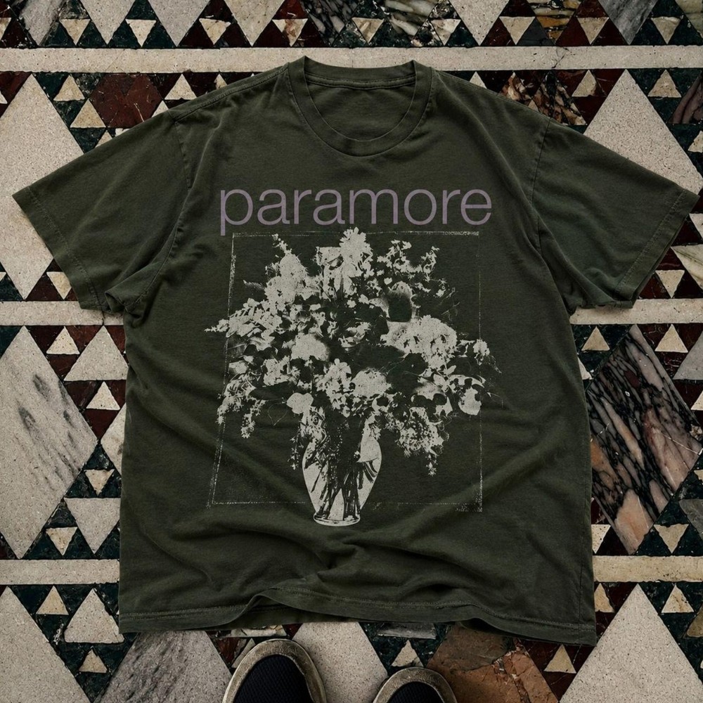Paramore Military Green Floral Graphic T-Shirt Vintage Style Band Tee