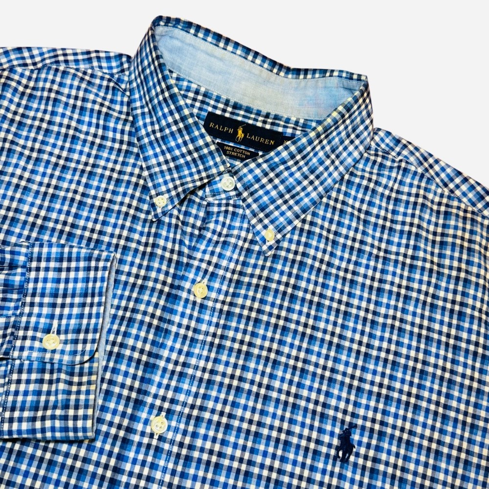 Ralph Lauren Mens XXL Blue Gingham Cotton Stretch Button Down Shirt Long Sleeve