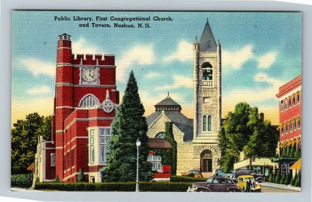 Nashua NH-New Hampshire, Public Library, First Congregational, Vintage Postcard
