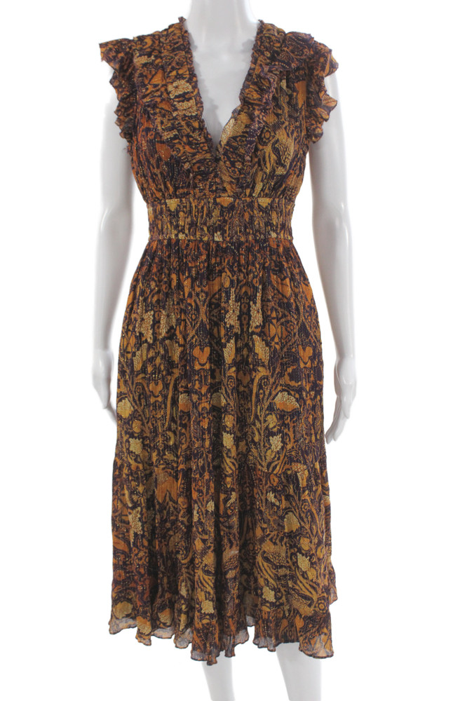 Ulla Johnson Womens Fit & Flare Floral Cotton V-Neck Midcalf Dress Brown Size 2Free Shipping in US $100+ Orders | $6.95 Orders Below