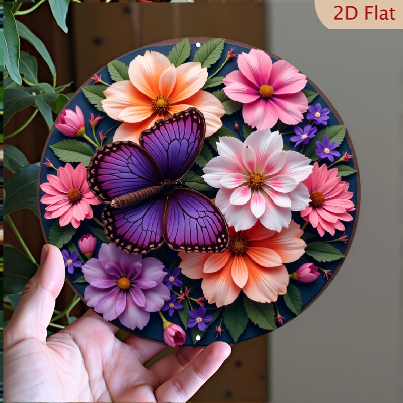 Floral Pattern Round Aluminum Wall Decor Sign