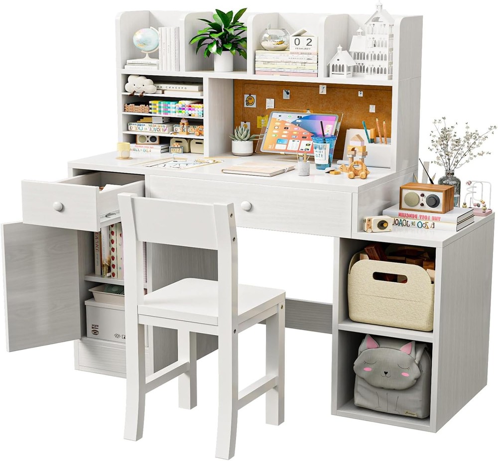 White Wooden Kids Desk and Chair Set with 2 Drawers and 4 Storage Compartments