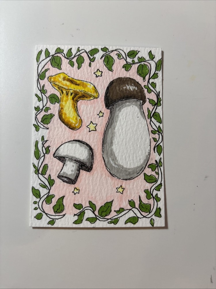 ACEO Original Drawing Of Mushrooms On Paper By Janie 2.5x3.5