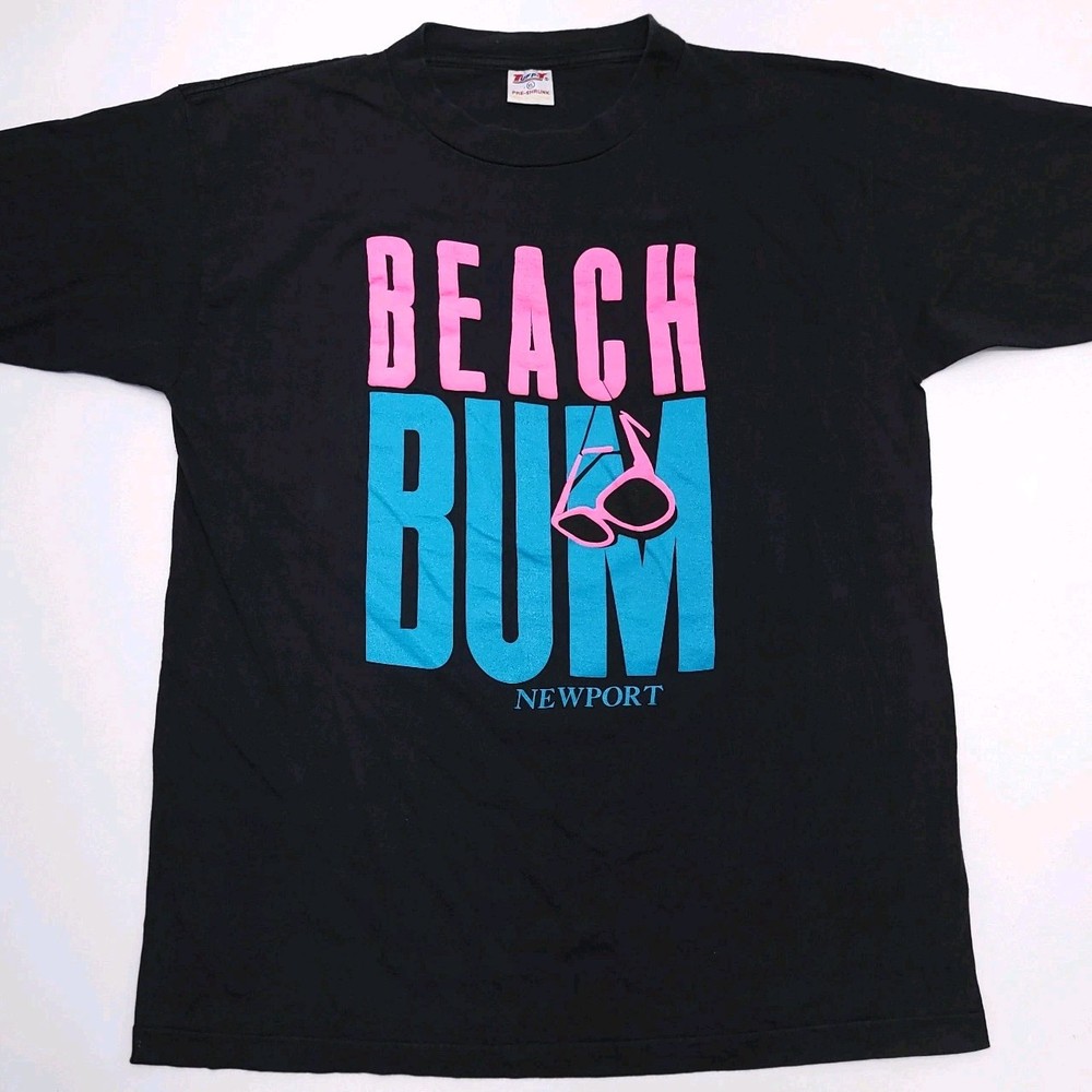 Beach Bum Newport Oregon Vintage Single Stitch T Shirt 90s Travel Black Neon