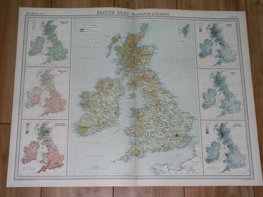 1922 Map Of Great Britain Scotland Wales Ireland Climate Vegetation