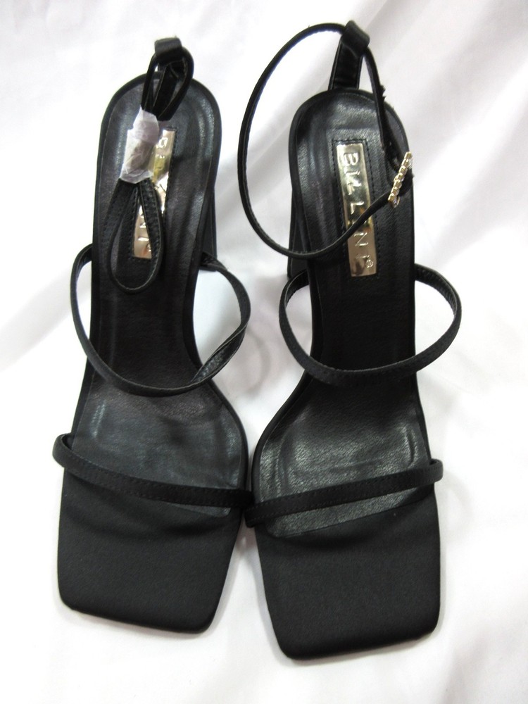 Billini Tiaka Black Satin Strappy Open Toe Heels Diamond Buckle Accent SZ 8 New!