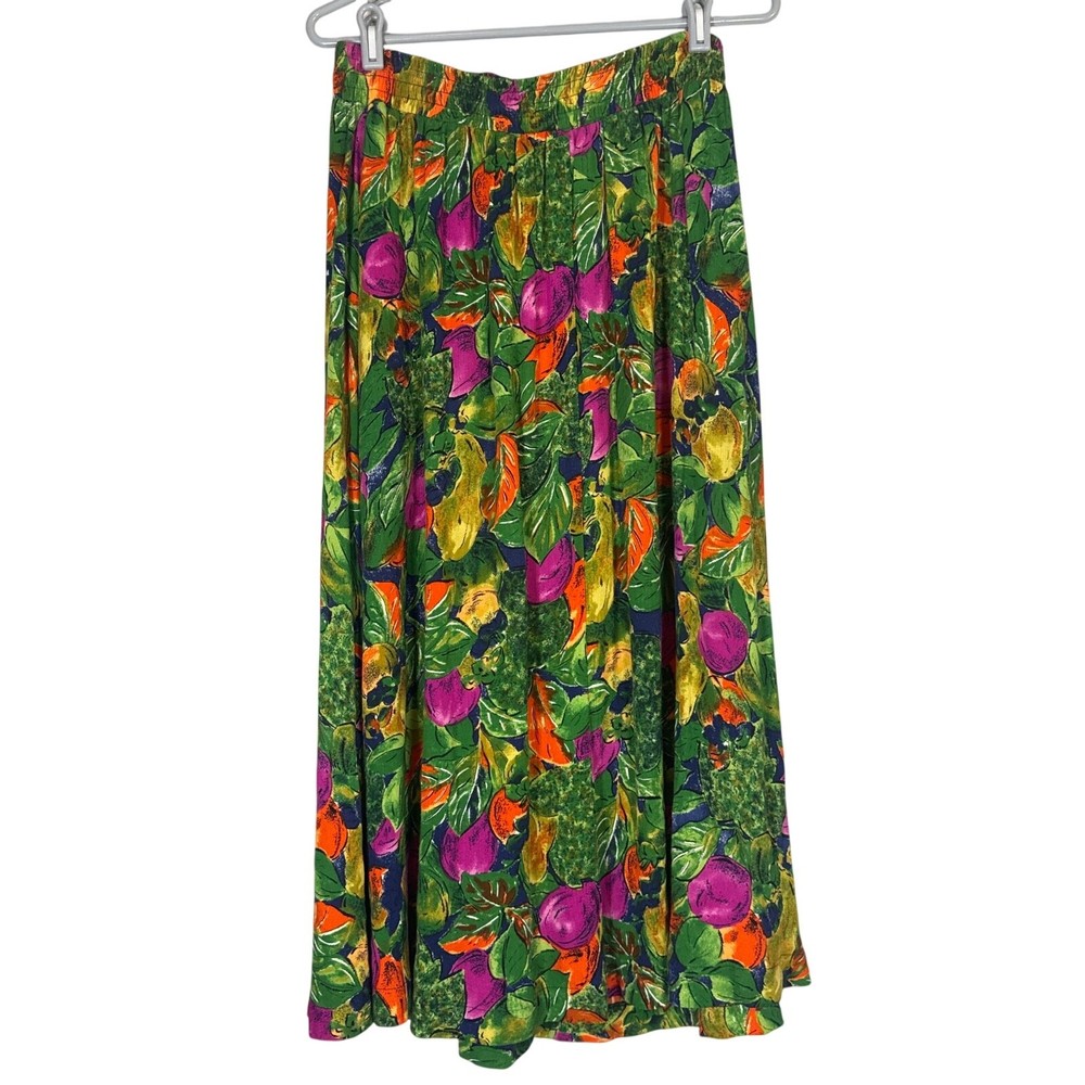 Vintage Fruit Print Midi Skirt Womens Medium Green Floral Art to Wear Bright