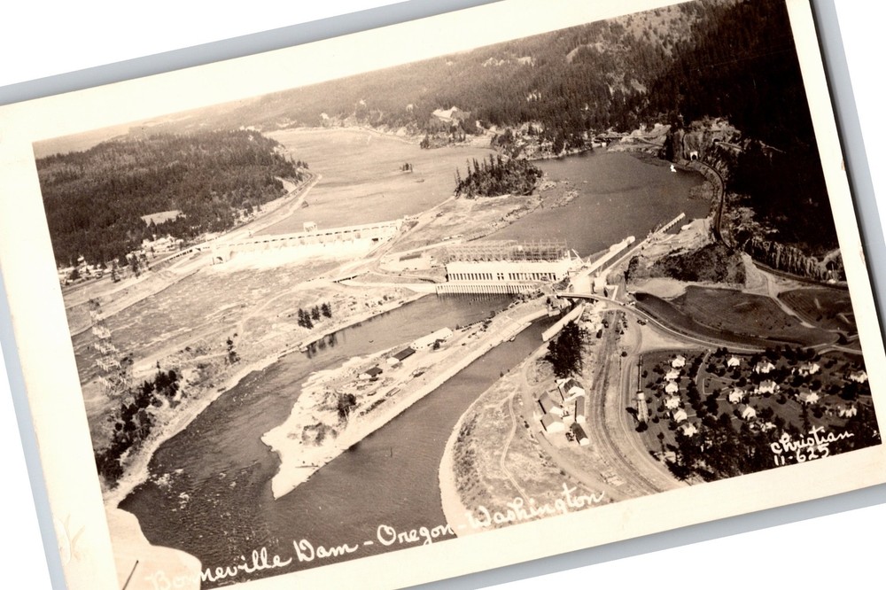 RPPC~Washington & Oregon~Air View Of Bonneville Lock & Dam~PM 1950~Real Photo PC