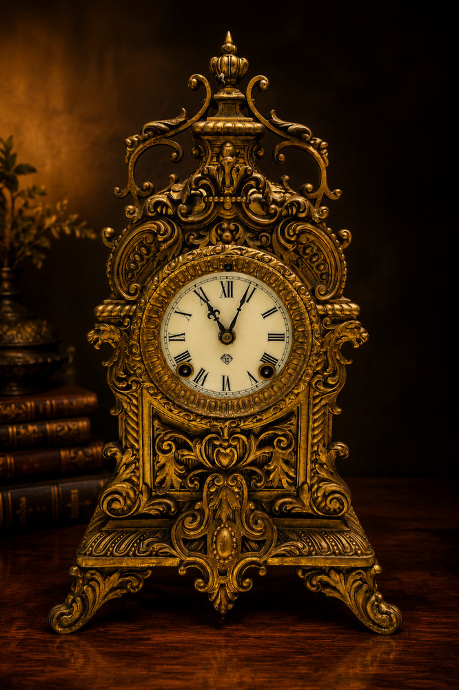 Antique Rococo Mantel Clock Ornate Gold Gilt Victorian Style Shelf Cloc