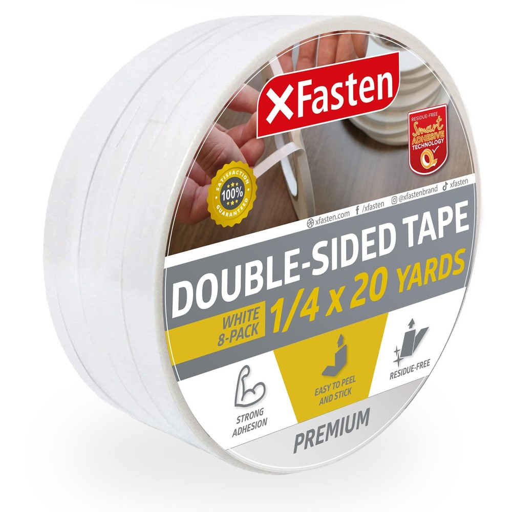 XFasten Double Sided Tape, Removable, 1/4-Inch by 20-Yards, Pack of 8 Ideal a...