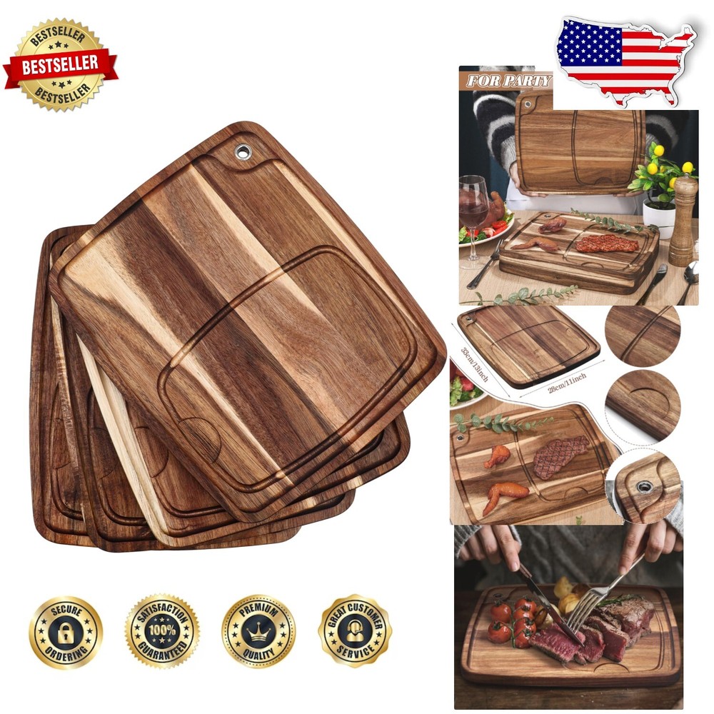 Acacia Wood 4-Piece Steak Plate Set with Juice Channel - Stylish Dining Solution-image