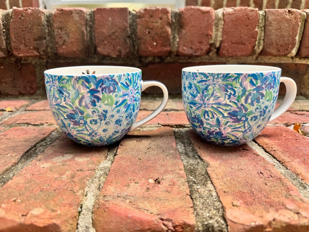 Lilly Pulitzer 12oz Blue Floral with Gold Handle Coffee Mug - Set of 2