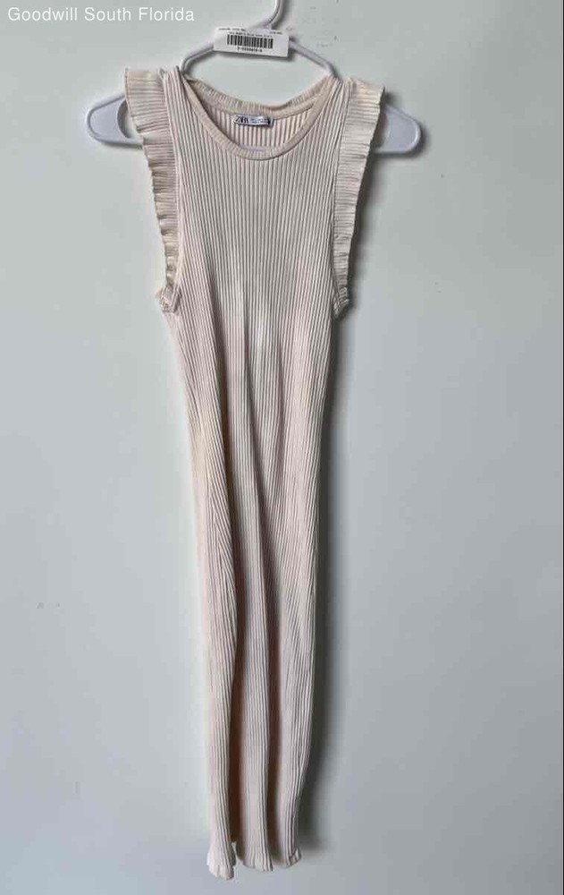 Zara Womens Beige Sleeveless Crew Neck Ruffle Pullover Midi Bodycon Dress Size L