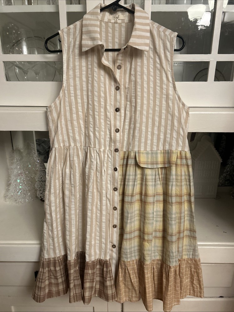 Easel Patchwork Button Front Cotton Dress Small Boho Cottagecore