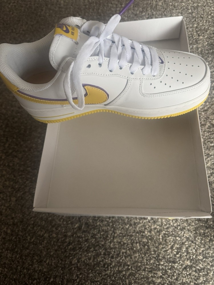 Nike Air Force 1 White Yellow Purple Lace Up Low Top Basketball Sneakers Men
