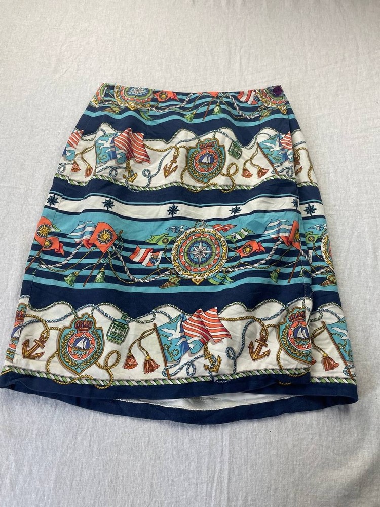 Talbots Silk Pencil Wrap Skirt Womens Size 6 Blue Nautical Midi Lined