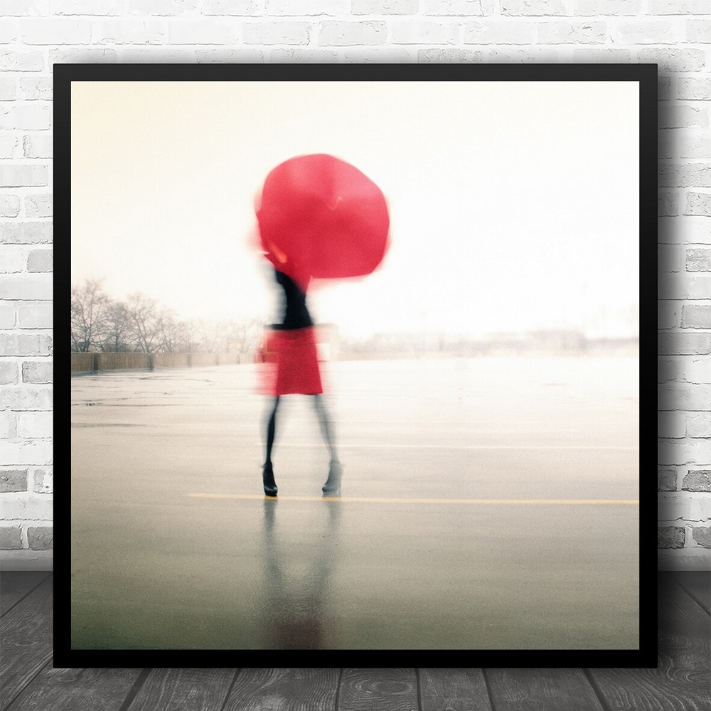 Red Umbrella Dress High Key Street Blur Blurry Motion Abstract Square Art Print