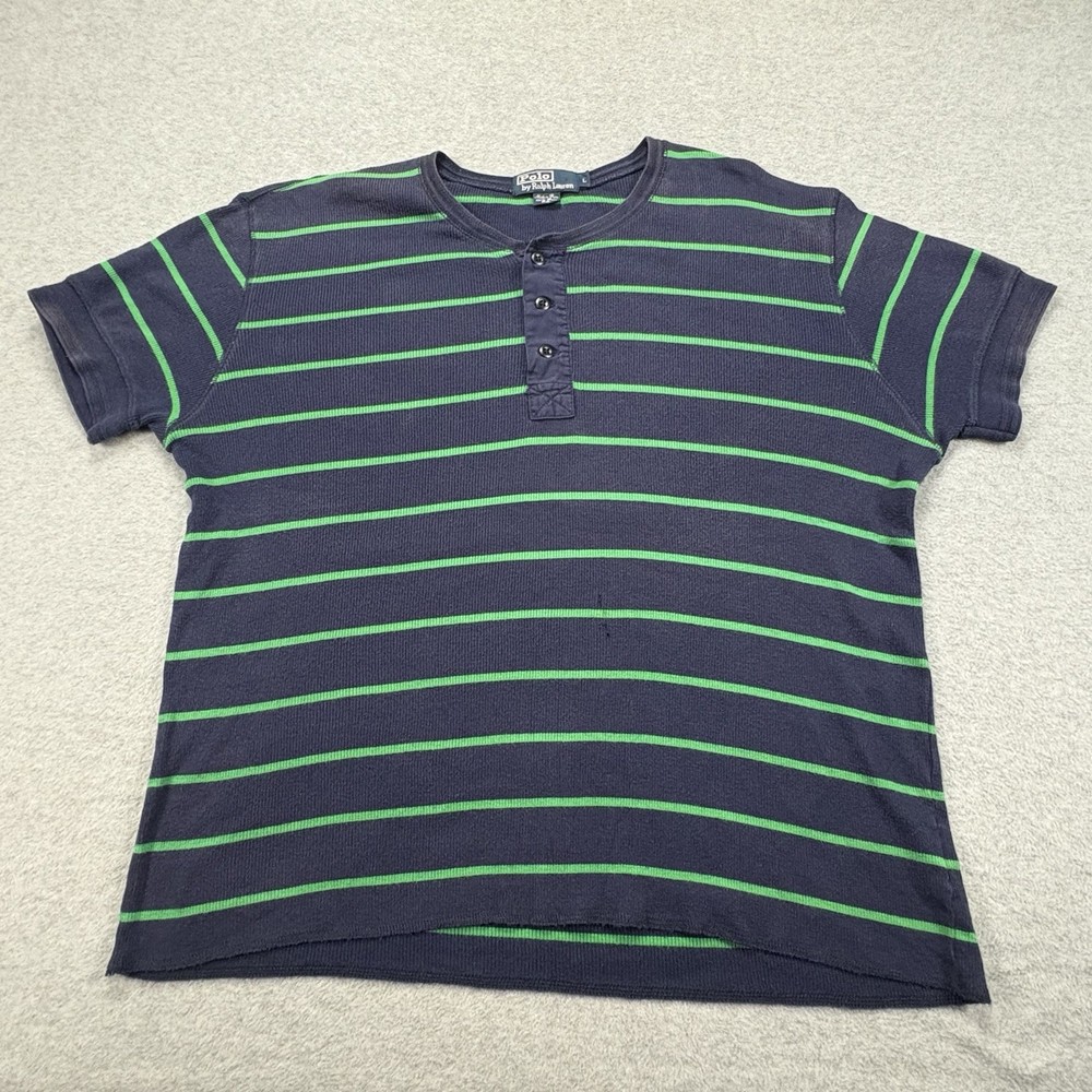 Polo Ralph Lauren Waffle Knit Henley Shirt Mens L Blue Green Stripe Oversized