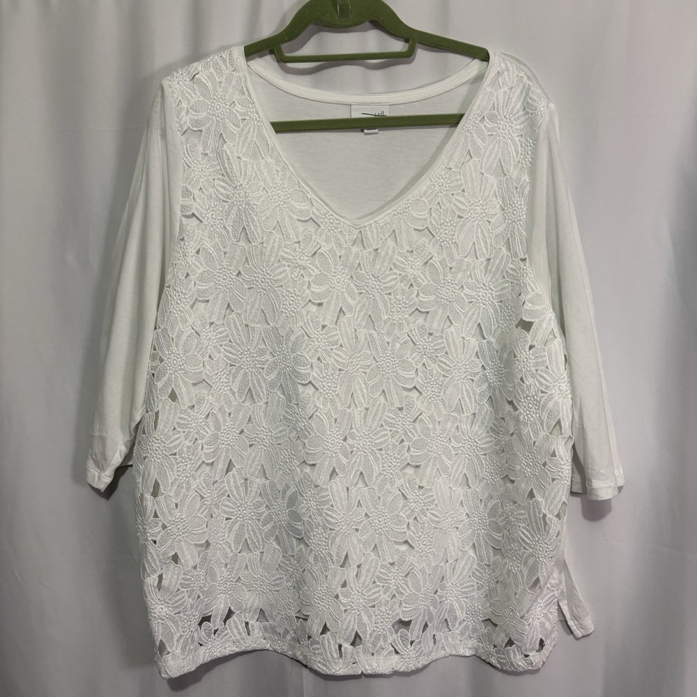 J Jill Women’s 2X White Lace Overlay Top Blouse Plus Size Floral Textured Shirt