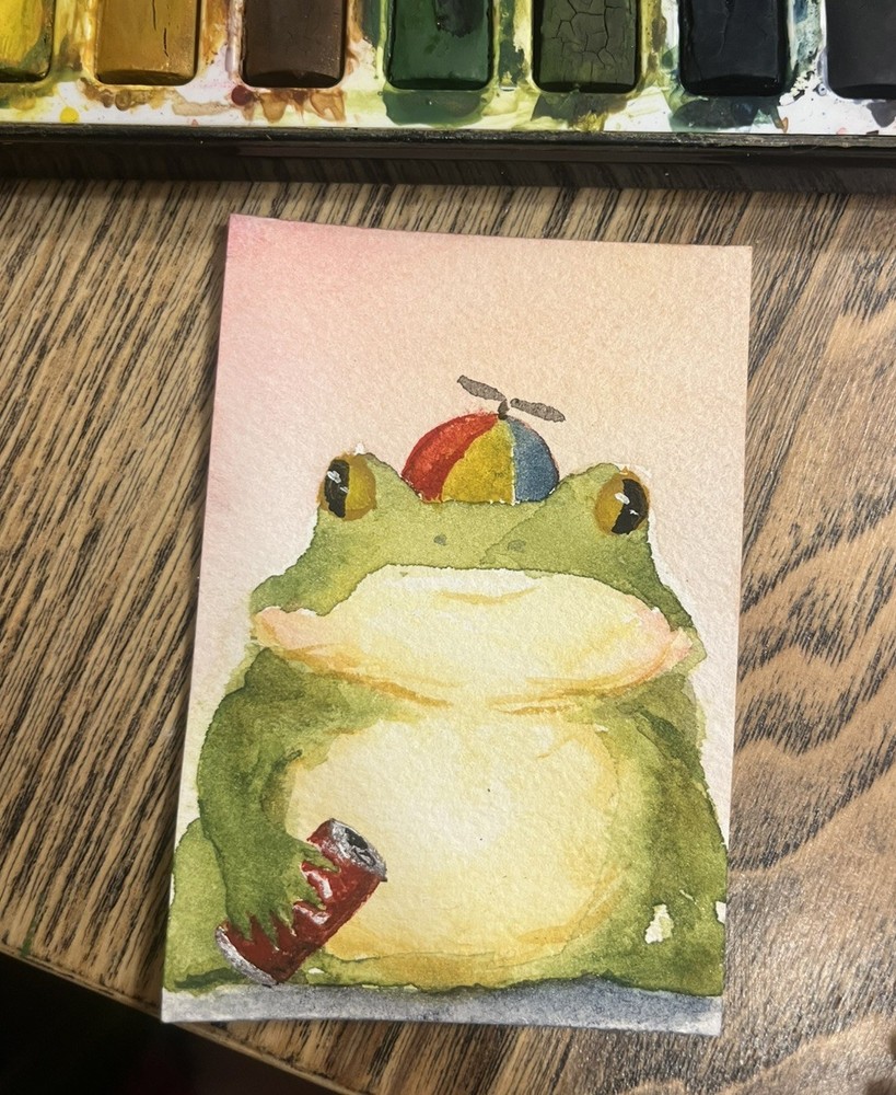 ACEO PRINT Frog whippersnapper Watercolor Painting, Hat Guys 2/2, 3.5x2.5 in