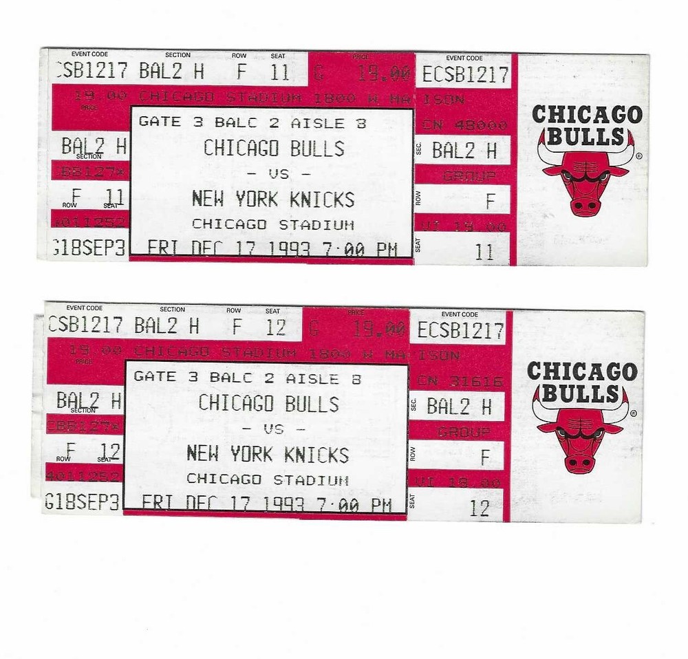 Chicago Bulls vs New York Knicks Unused Basketball Tickets From 12/17/1993