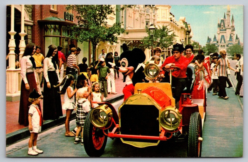 Mickey Mouse Fire Engine Riding Down Main St Walt Disney World FL postcard (A1)