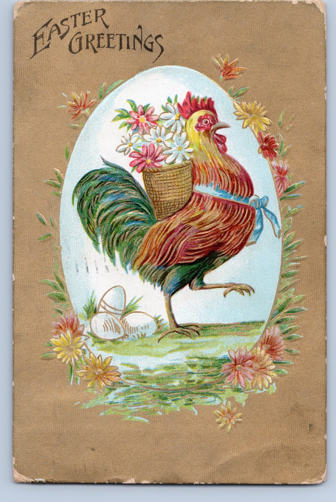 Rooster with Basket of Flowers and Eggs Gold Easter Greetings Embossed Postcard