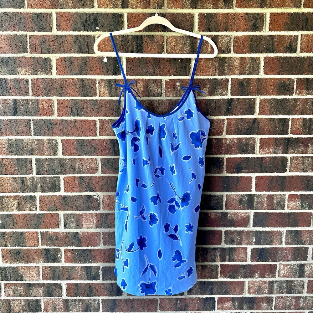 Lg Y2K Oscar de la Renta Satin Slip Dress Nightgown Floral Blue Coquette