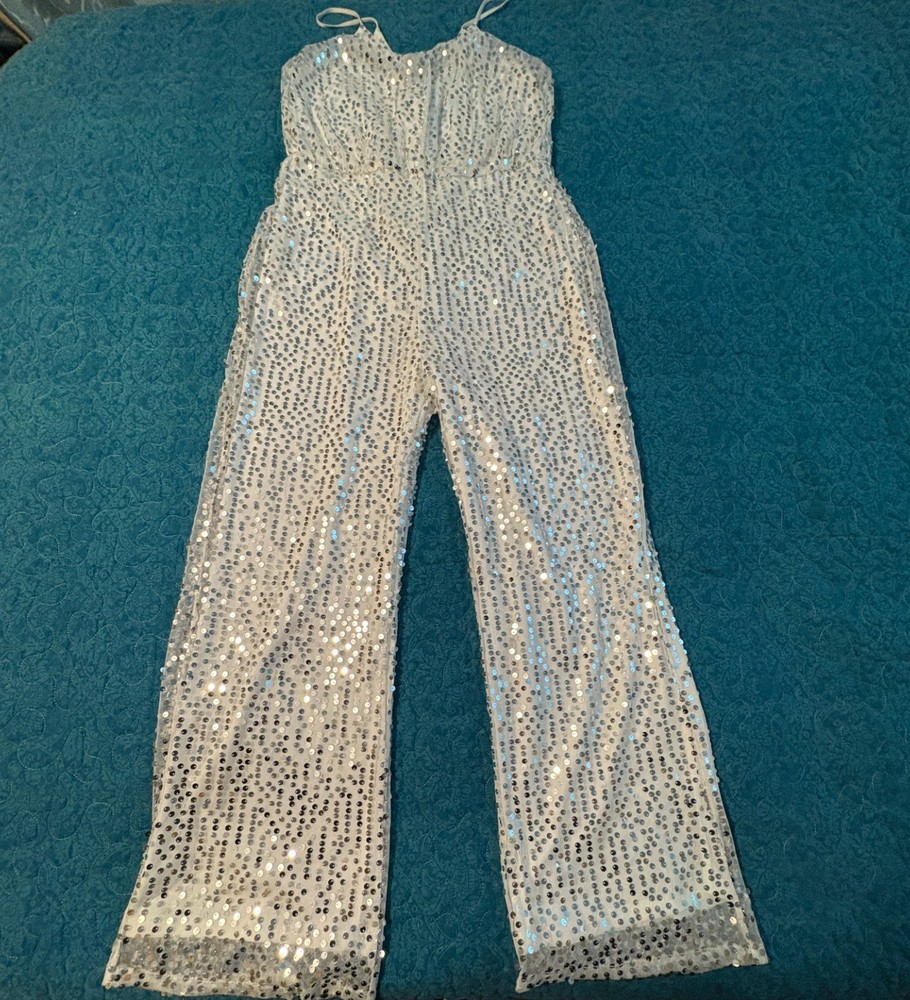 Double Crazy Sequin Zip Back Wide Leg Cami White Jumpsuit Women's Size L