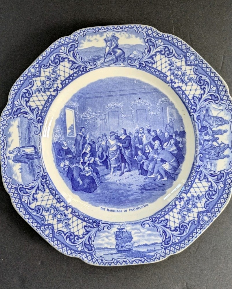 Crown Ducal Blue Colonial Times Marriage of Pocahontas Plate Transfer Ware