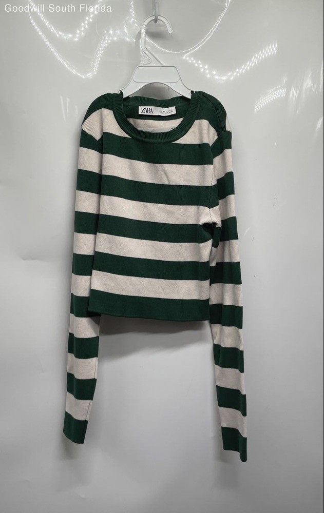 Zara Womens Green White Striped Round Neck Long Sleeve Pullover Sweater Size S