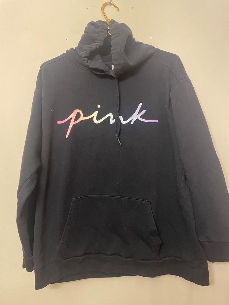 Victoria's Secret Pink Everyday CampusPullover  Sweatshirt Hoodie Black Rainbow.