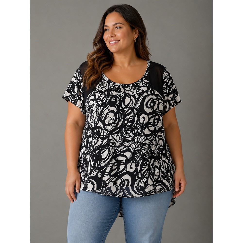Torrid Black White Geometric Blouse Sheer Panel High Low Plus Size 1X