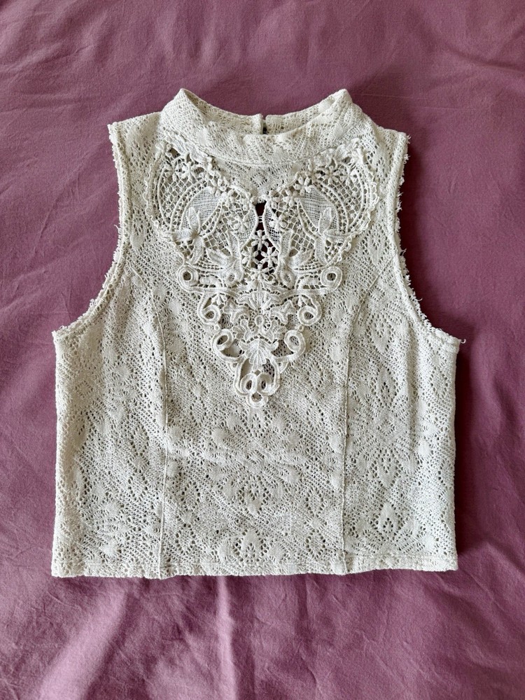 Free People Ivory Lace Crochet Mock Neck Sleeveless Top XS Boho