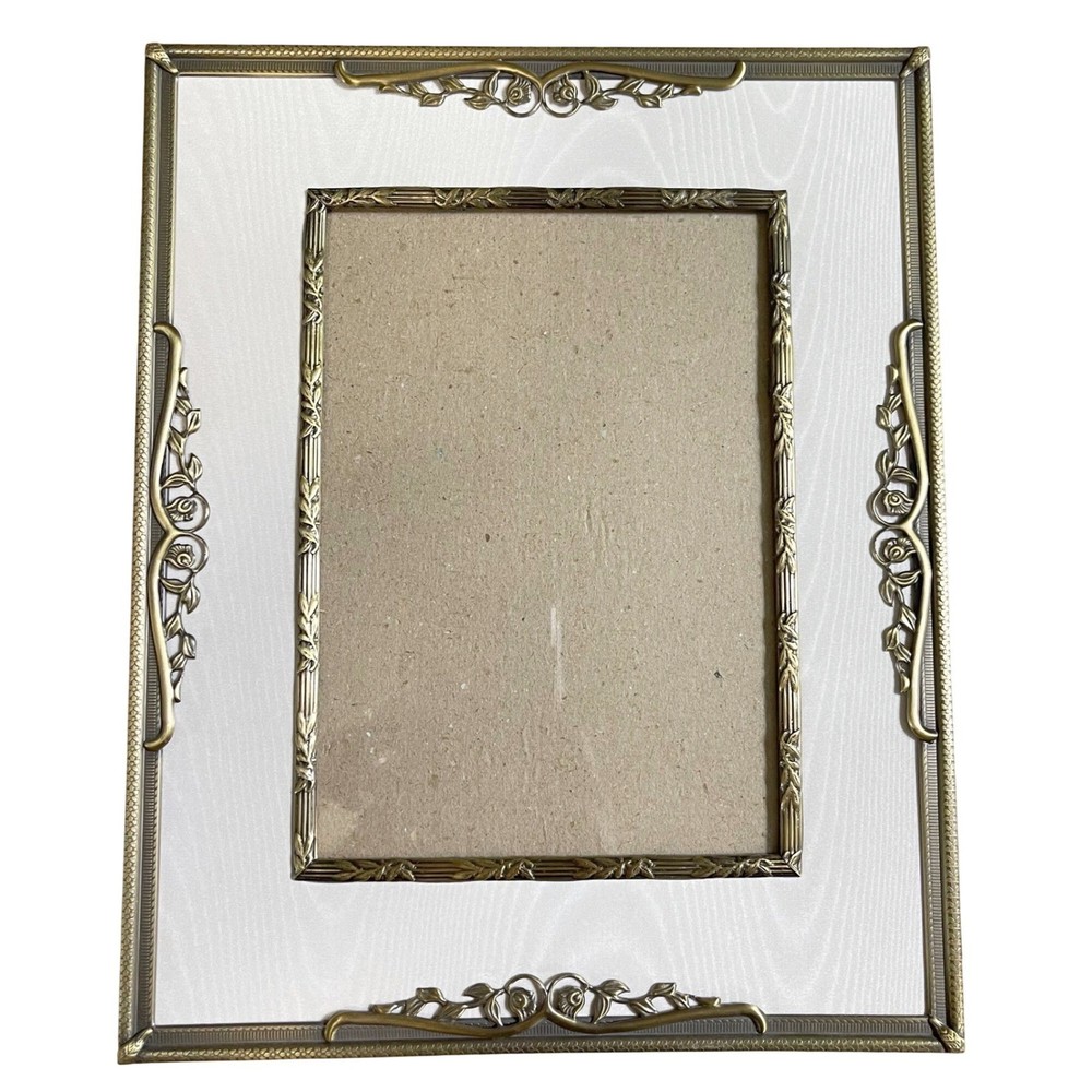 Vtg Gold Brass Mid Century Modern 8x10 Picture Frame Ornate Etched Free Standing