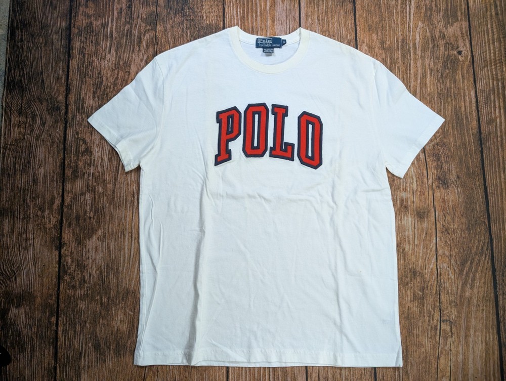 Vintage Polo by Ralph Lauren White Spell Out Applique T-Shirt Size Medium Patch