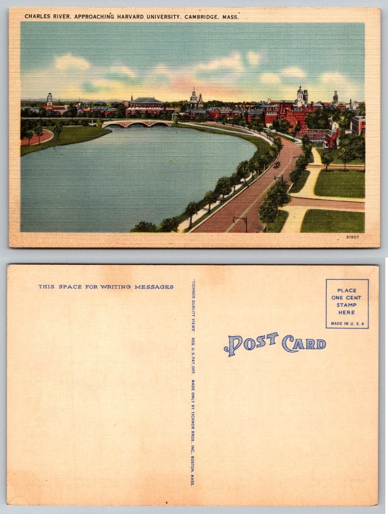 Vintage Linen Postcard Charles River Harvard University Cambridge MA Tichnor