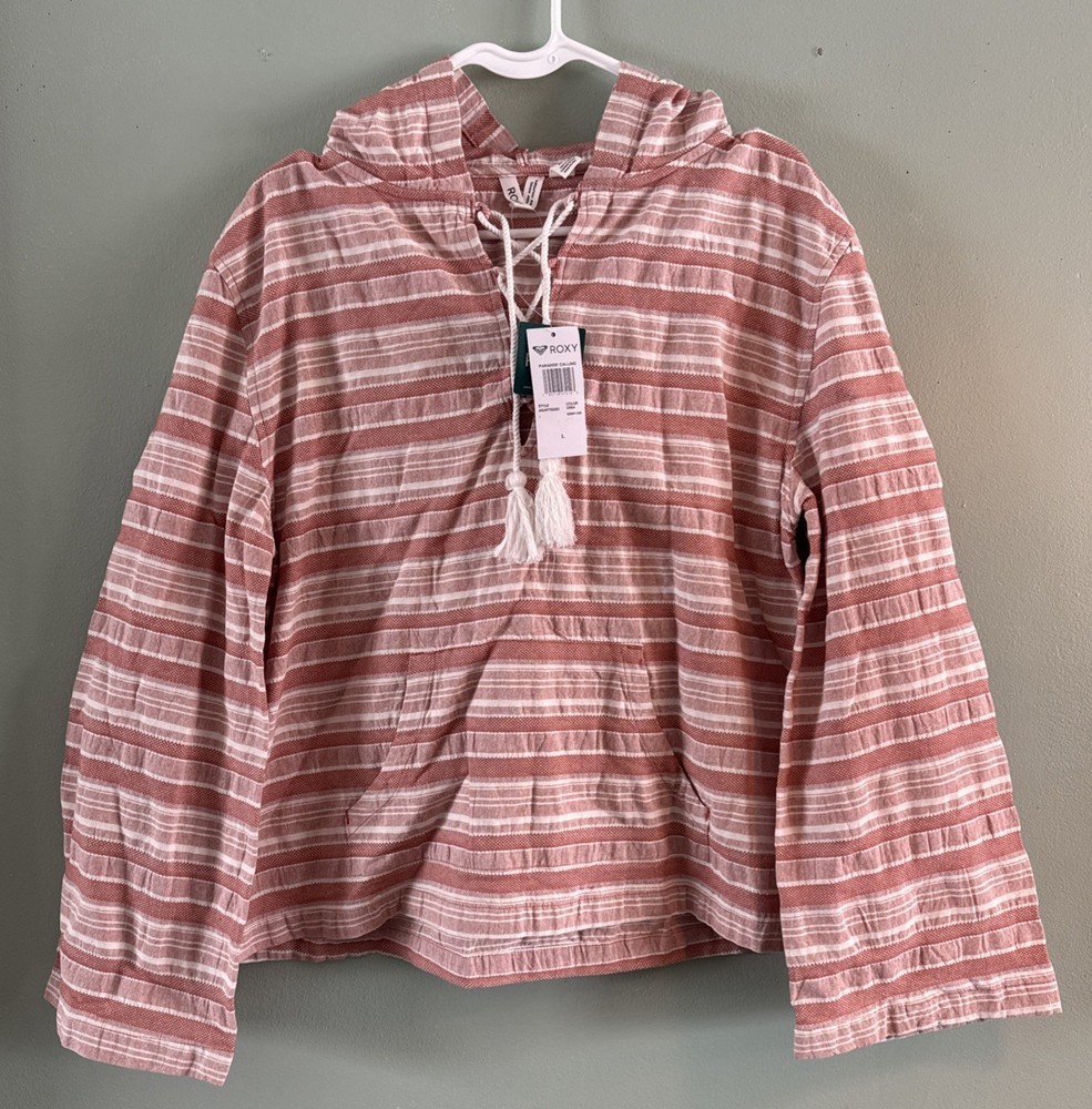 NWT Roxy “Paradise Calling” Poncho Hoodie Multicolor Striped Cotton Pullover L