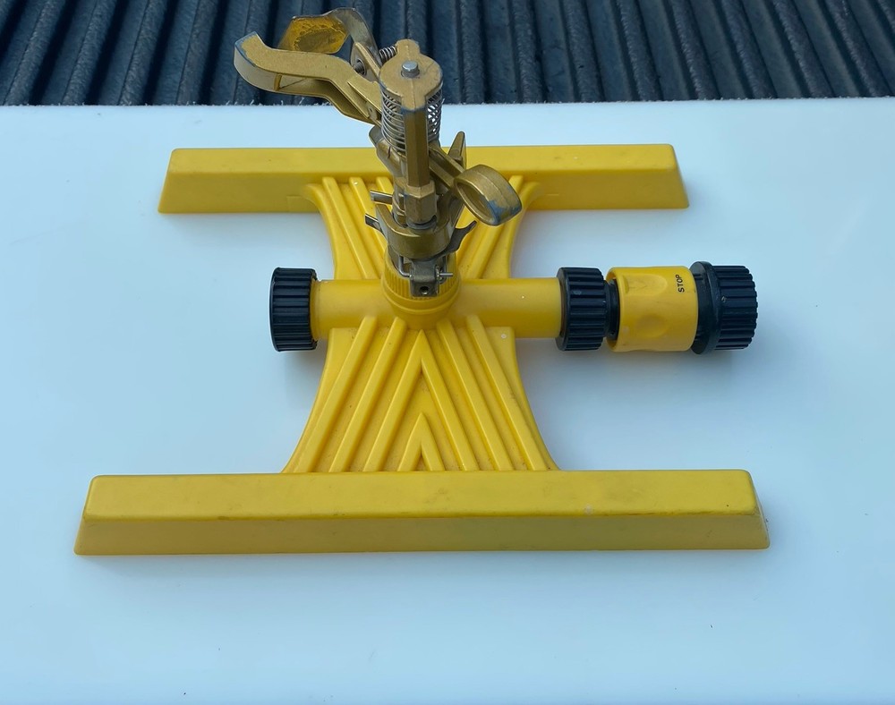 Heavy Duty Brass Impact Sprinkler with Quick Connect Hose and Yellow Base