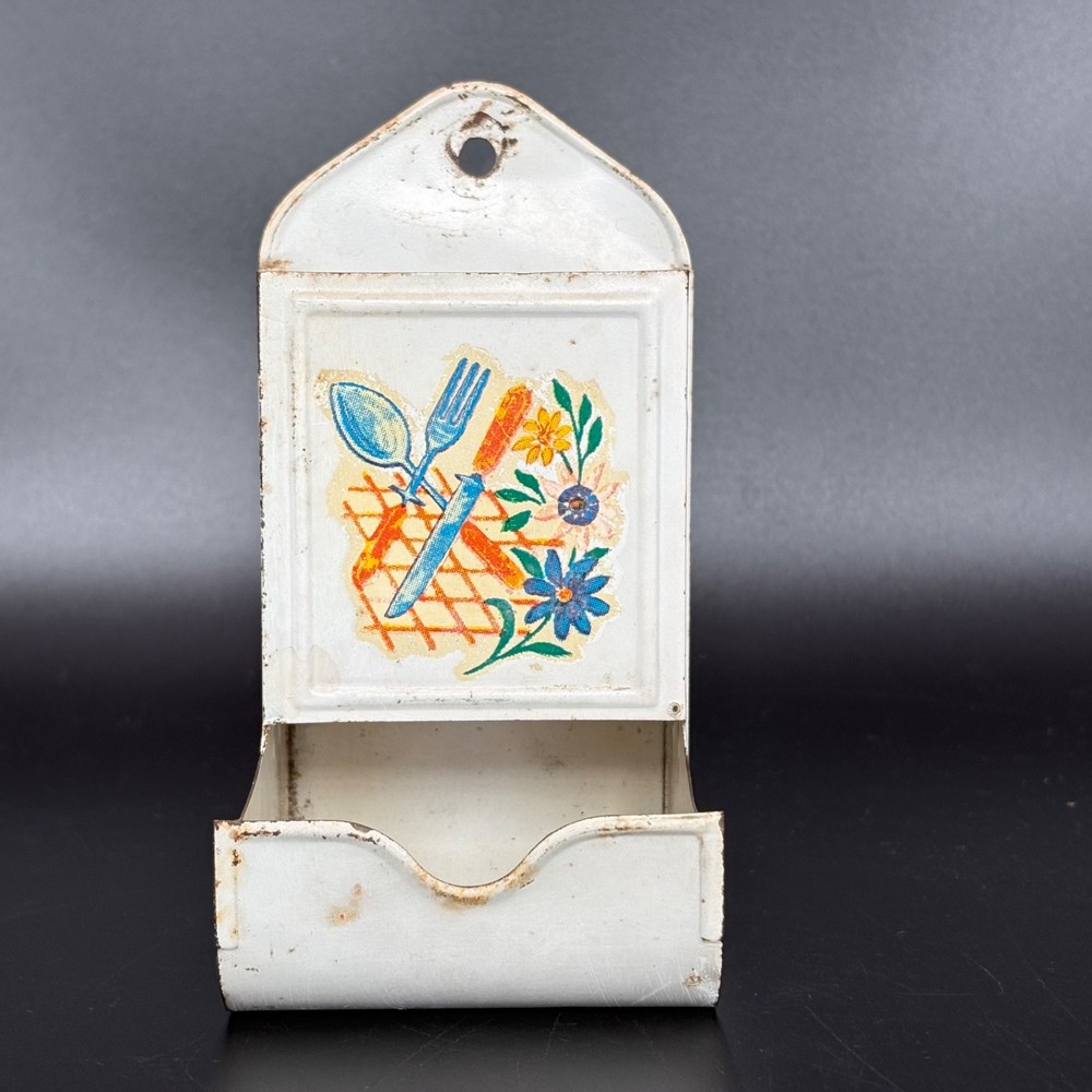 Vintage Painted Metal Match Box Holder Wall Mount 6x3x3 Folk art flowers fork