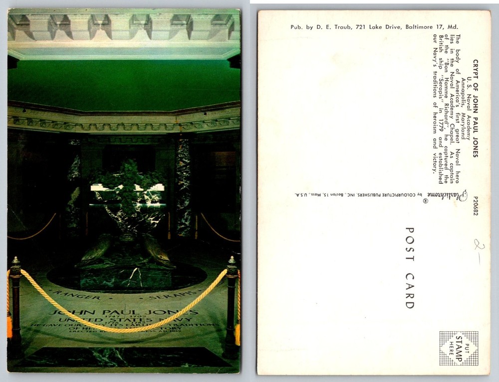 John Paul Jones Crypt US Naval Academy Annapolis MD Plastichrome Postcard
