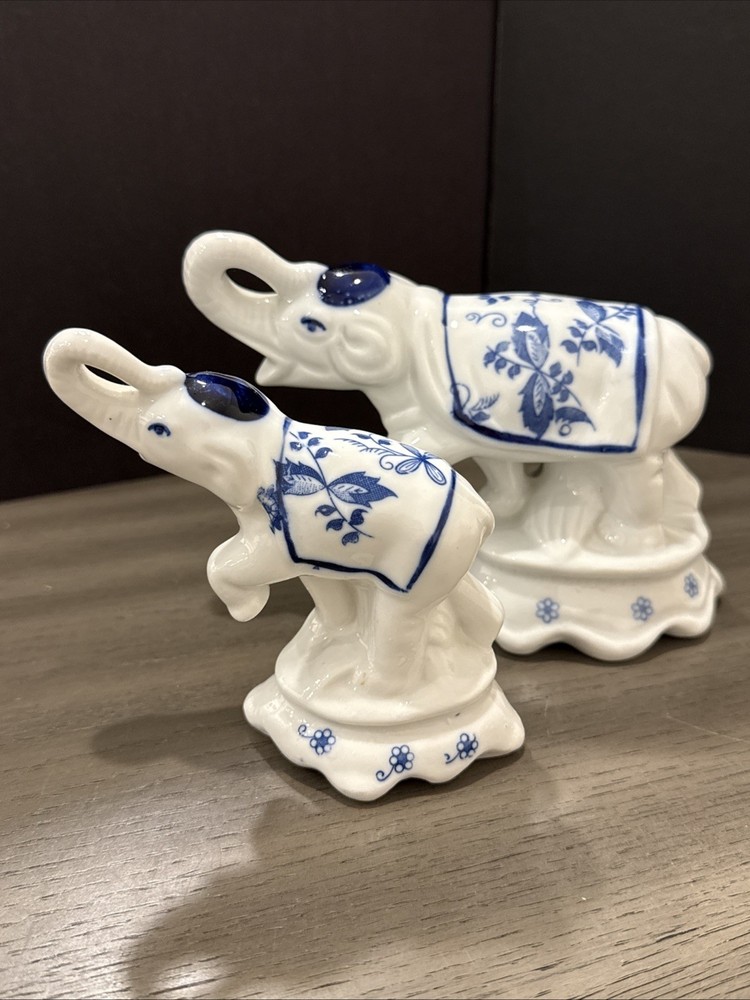 Pair Blue White Porcelain Elephant Figurines Trunks Up Good Luck Chinoiserie