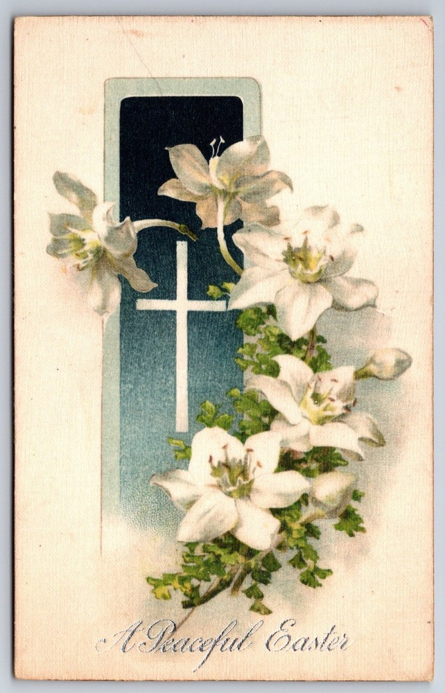 A Peaceful Easter~Holy Cross In Frame & White Flowers~Emb~Vtg Winsch Postcard