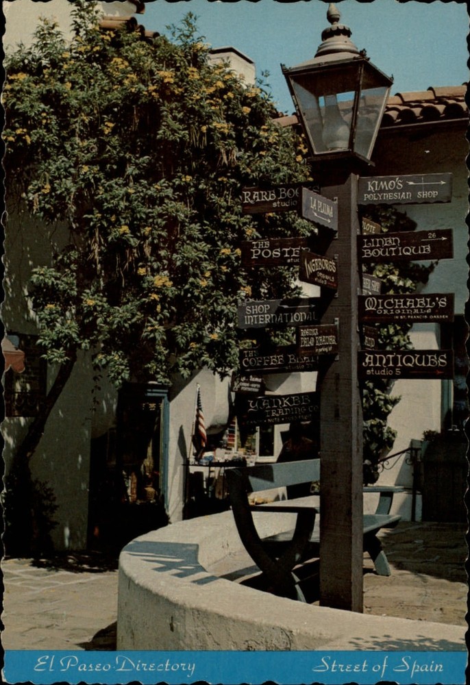 California Santa Barbara landmark distance sign at the El Paseo ~ 1977 postcard
