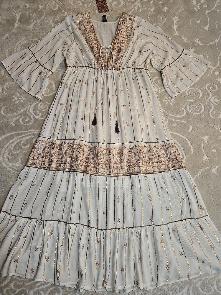 NWT Anthropologie Me 2 Magic 3X Cream Floral Boho Metallic/Sequin Striped Dres