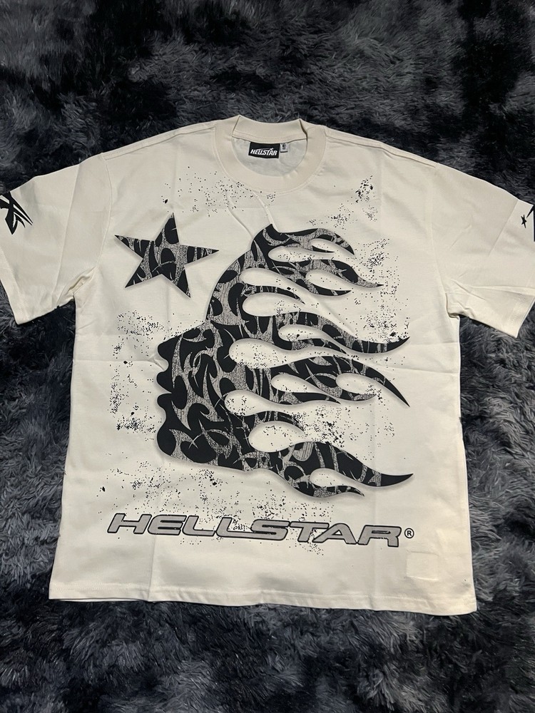 HELLSTAR Men's Graphic Print T-Shirt White Black Cotton Jersey Short Sleeve
