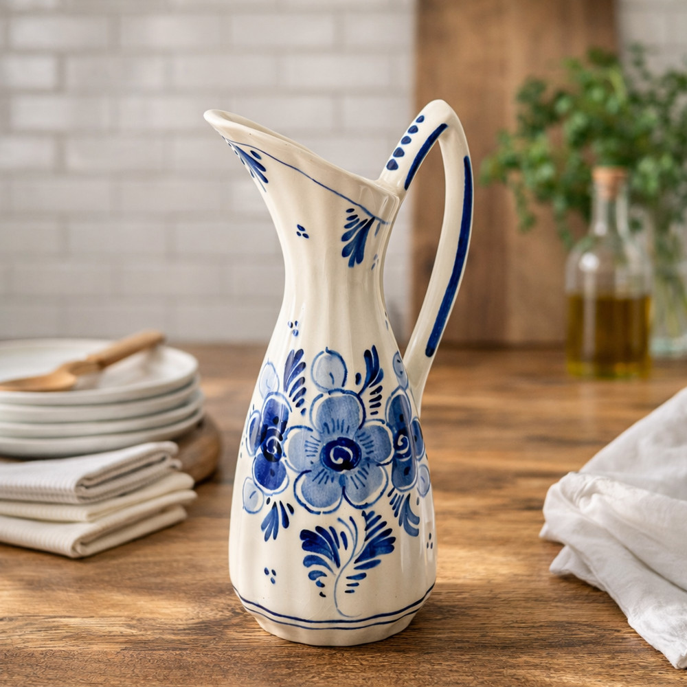 Delft Style Blue White Pitcher Ewer Hand Painted Dutch Pottery 7.5”